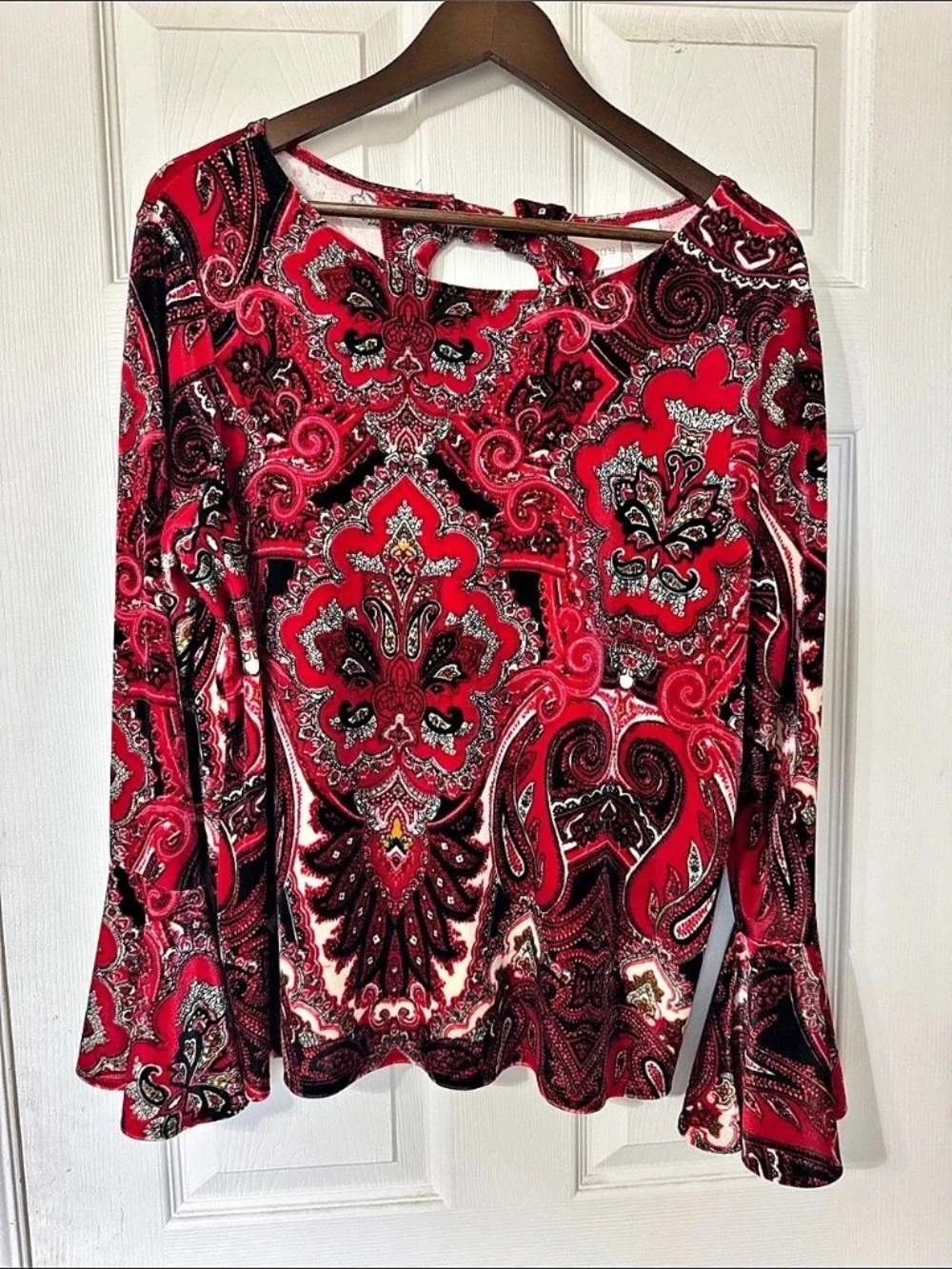 Chico's Paisley Velvet Bell Sleeve Blouse in Red & Black Size 2 (L)
